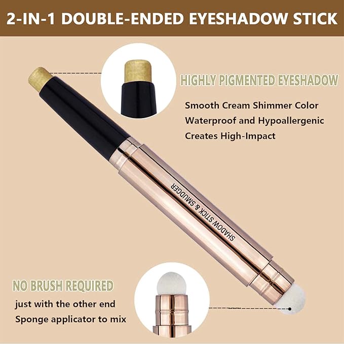 Gold Eyeshadow Stick Cream Shimmer Smooth Eyeshadow Pencil Hypoallergenic Waterproof Long Lasting Eye shadow Highlighter Stick Eye Liner Pen (14# Gold Shimmer)