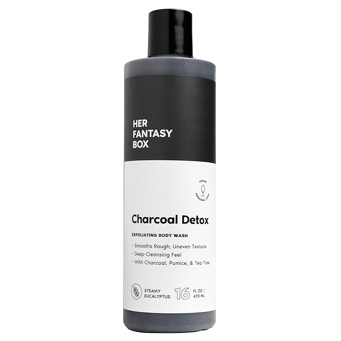 Her Fantasy Box | Charcoal Detox Exfoliating Body Wash – Activated Charcoal & Pumice Deep Cleanser with Tea Tree & Eucalyptus, Refreshing Exfoliation for Smoother Skin, Vegan & pH Balanced (16 oz)