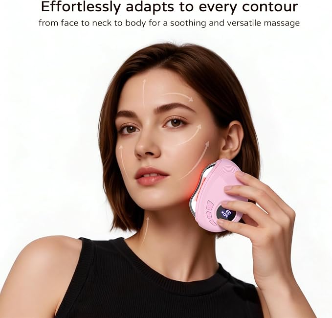 Professional LED Red Light Gua Sha Massager, 9-Level Adjustable Face and Neck Sculptor for Skin Firming, Jawline Contouring & Serum Absorption, Portable Metal Facial Skincare Tool - Pink