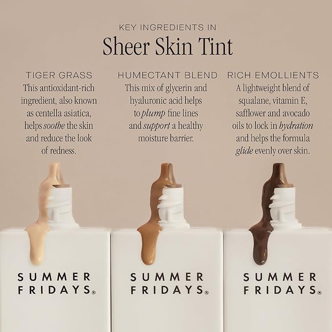 Summer Fridays Sheer Skin Tint - Skin Tint with Hyaluronic Acid - Helps Diminish Uneven Skin Tone - Sheer to Light Coverage - Shade 6 - Medium Tan with Warm Golden Undertones (1 Fl Oz)