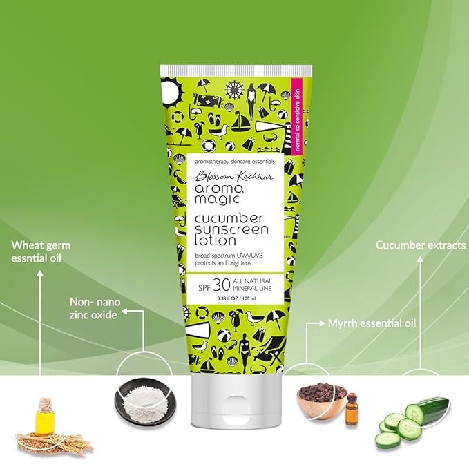 Aroma Magic Cucumber Sunscreen Lotion with SPF 30 | Non-Nano Zinc Oxide Mineral Sunblock | Broad Spectrum UVA/UVB Sun Protection | Soothes & Cools Sensitive Skin | 3.38 Fl Oz/100ml