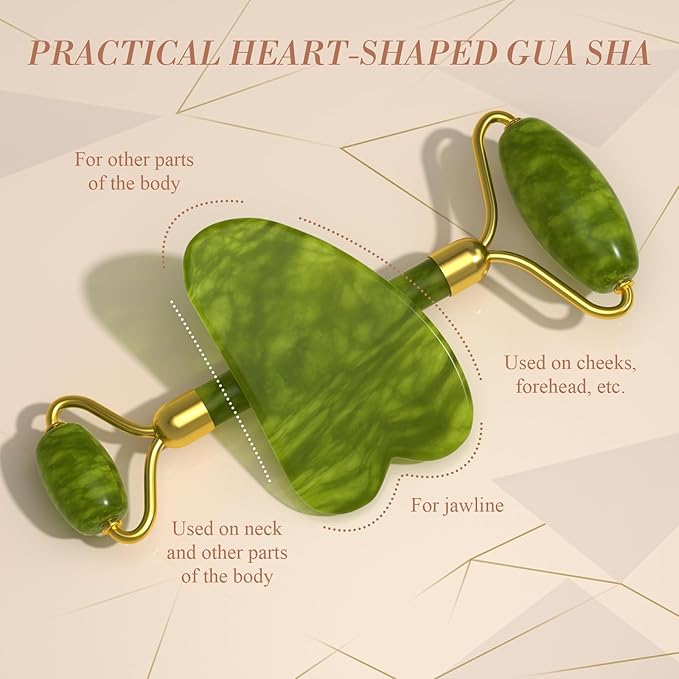 Jade Roller Gua Sha Set (Green) - Facial Massage Tool with Dual-Sided Roller