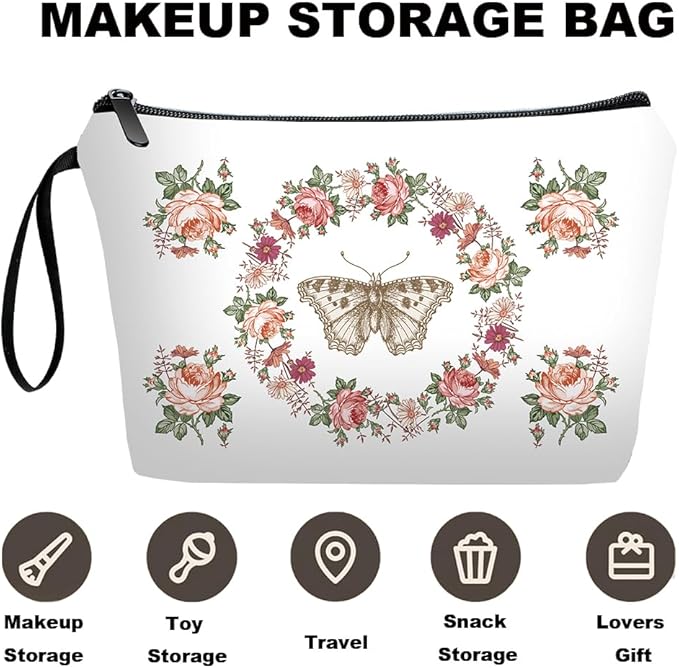 Personalized butterfly floral Makeup Bag set with Mirror for Women, white Butterfly travel Cosmetic bag kit Bride Bridesmaid with pink brush set,Butterflies Gifts for Women Mom femal Friends