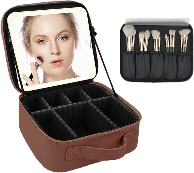 Makeup Bag with Led Mirror,Large Vanity Makeup Cases with 3 Color Setting,Portable Storage and Adjustable Dividers,for Women and Makeup Artists Cosmetic Organizer Travel Makeup Bag-Dark Brown
