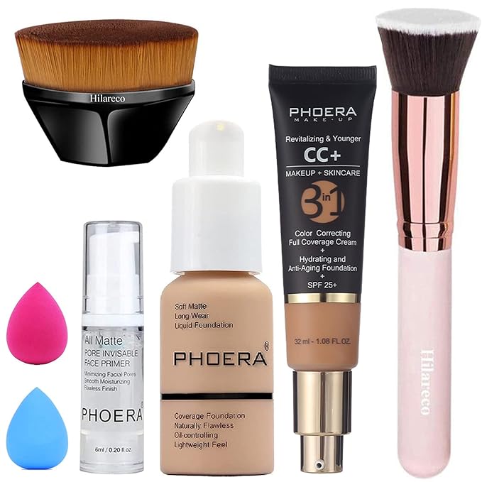 PHOERA Foundation & CC Cream, Anti Aging Hydrating Serum with SPF 25+, Primer, Makeup & Kabuki Brushes - Buff Beige