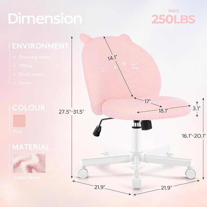 Vanity Chair with Cat Back,Armless Desk Chair Cute Small Office Chair,Teddy Fabric Computer Chair with Adjustable Height,120°Tilting,Rolling,Swivel for Vanity,Kids Room,Office,Bedroom Pink