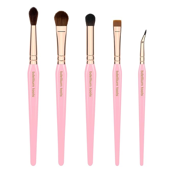 Bdellium Tools Pink Golden Triangle Eyes Makeup Brush Set - Versatile Eye Essential Brush Kit with Soft Synthetic Bristles and Rose Gold Brass Ferrule for a Range of Eye Styles (Pink, 5 pcs)