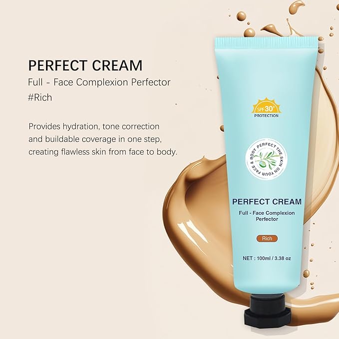 Skin Tint CC Cream Foundation with SPF 30,All-Over Complexion Perfector Shimmery Moisturizer,Concealer & Full Coverage Makeup,Waterproof & Transfer-Resistant,12H Wear for Flawless Complexion (Rich)