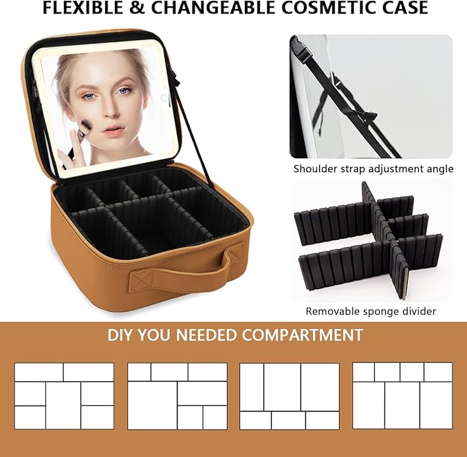 Makeup Bag with Led Mirror,Large Vanity Makeup Cases with 3 Color Setting,Portable Storage and Adjustable Dividers,for Women and Makeup Artists Cosmetic Organizer Travel Makeup Bag-Brown