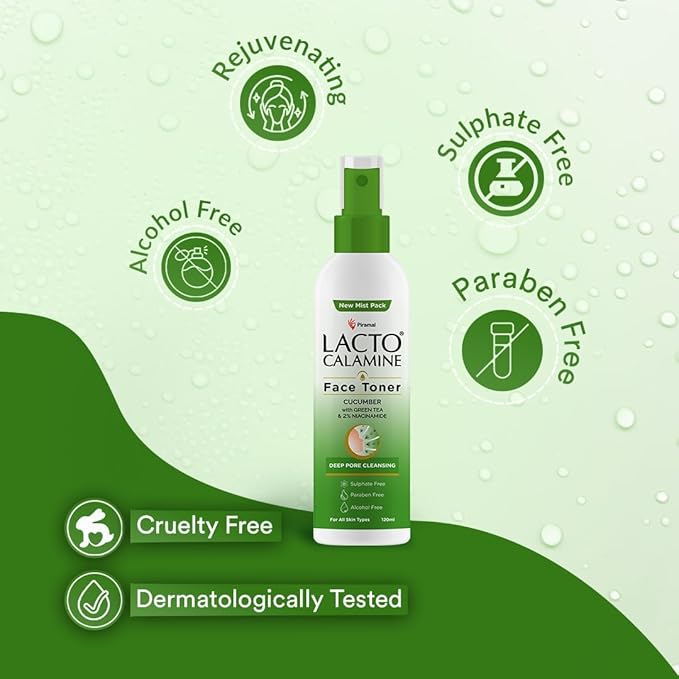 Lacto-Calmine's Face Toner with Cucumber, Green Tea, Niacinamide for Deep Pore Cleansing, Alcohol-Free, 120ml, 2 Pack