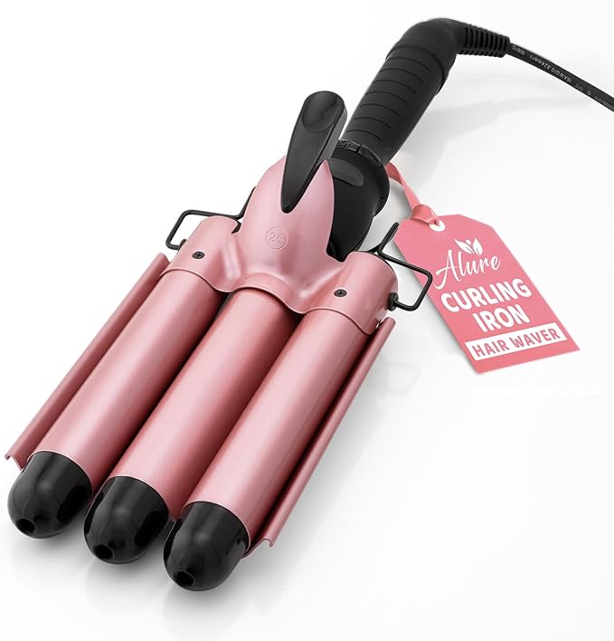 Alure Three Barrel Curling Iron Wand with LCD Temperature Display - 1 Inch Ceramic Tourmaline Triple Barrels, Dual Voltage Crimping Tool, Best Hair Waver for Beachy/Frizz Free Waves (Rose Gold)