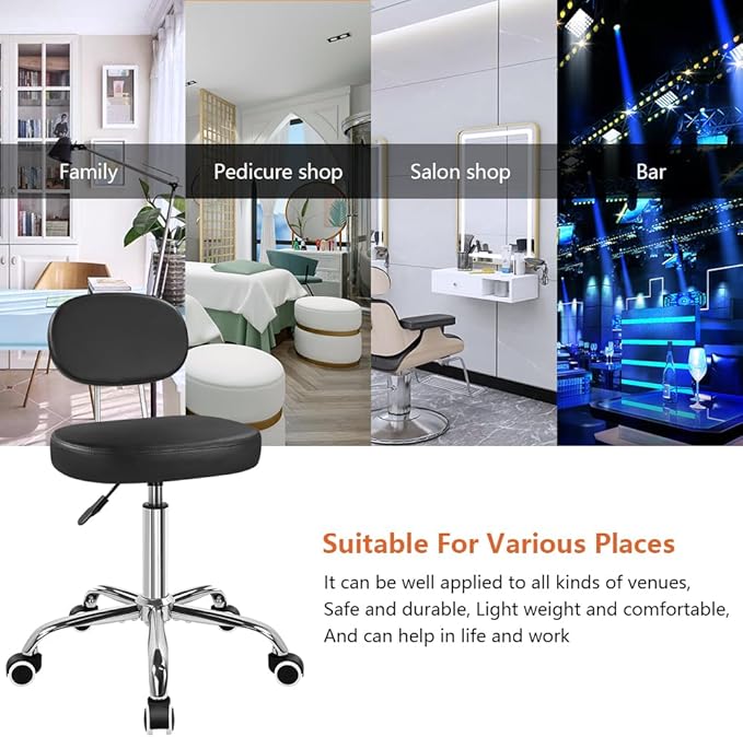 KKTONER Home Office Chair Rolling Stool with Swivel Wheels Adjustable Height Work Chair Matte PU Leather Drafting Stool Chair with Backrest Computer Chair Black