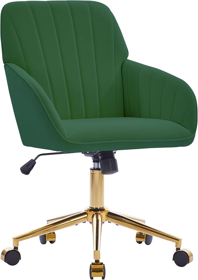 YITAI Velvet Office Desk Chair with Wheels and Gold Base,Modern Height Adjustable 360 Degree Swivel Upholstered Vanity Chairs with Arms for Living Room Bedroom, Study,Green