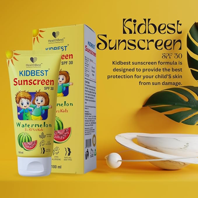 HealthBest Kids Watermelon Cooling Sunscreen SPF-30 Boosts Vitamin D Absorption PA+++ Prevents Tanning Cream for 3-13 Years Kids | Each 100ml (Pack of 1)
