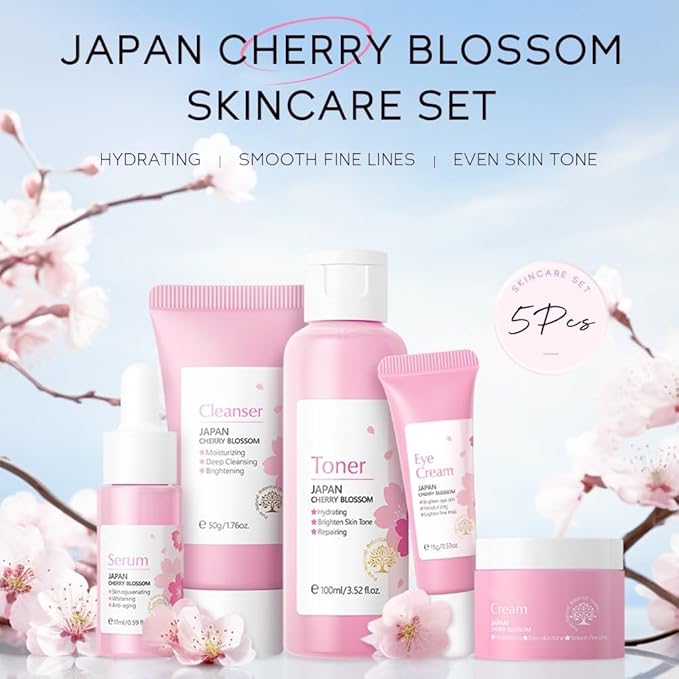Cherry Blossom Skincare Sets, Skincare Essence Set for Teenage Girls Gift Set, Deeply Hydrate Reduce Fine Lines Includes Cleanser, Toner, Serum Essence, Eye Cream, Face Cream(5PCS)