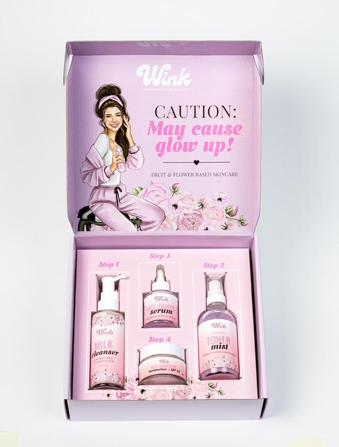 Wink Skin Care Kit for Teens | Plant-Based Facial Kit for Girls & Tweens, 4-Piece Set with Milk Cleanser, Rose Petal Toner, Face Fruit Serum & SPF Moisturizer, Mom-Approved Essential Kit for Young