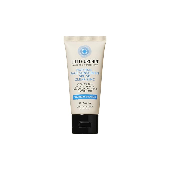 Little Urchin Natural Clear Zinc Face Sunscreen – SPF 50, Reef Safe, Water Resistant, Fragrance Free – Enriched with Jojoba Oil – 50g – Australian Made for Families, Kids & Babies 6mths+