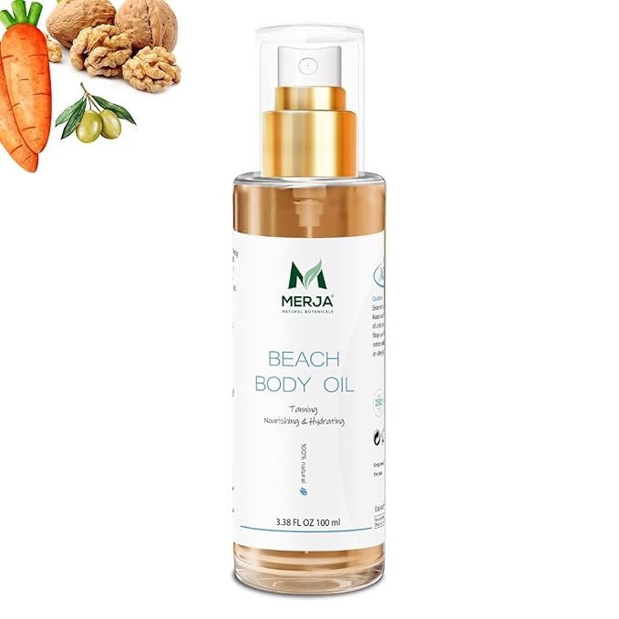 Merja Herbs Beach Body Tan Oil - For Uniform Tanning & Hydration - Hydrates & Nourishes Skin - Cold Pressed Oil - 100% Natural & Premium Quality 100ml 3.38Oz
