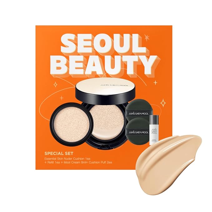 JUNG SAEM MOOL Essential Skin Nuder Cushion | Natural Finish, Buildable Coverage Cushion Foundation by Korean Makeup Artist (Refill Included, SPF 50 | Gift Set with Mool Cream & Puff), 21 Medium