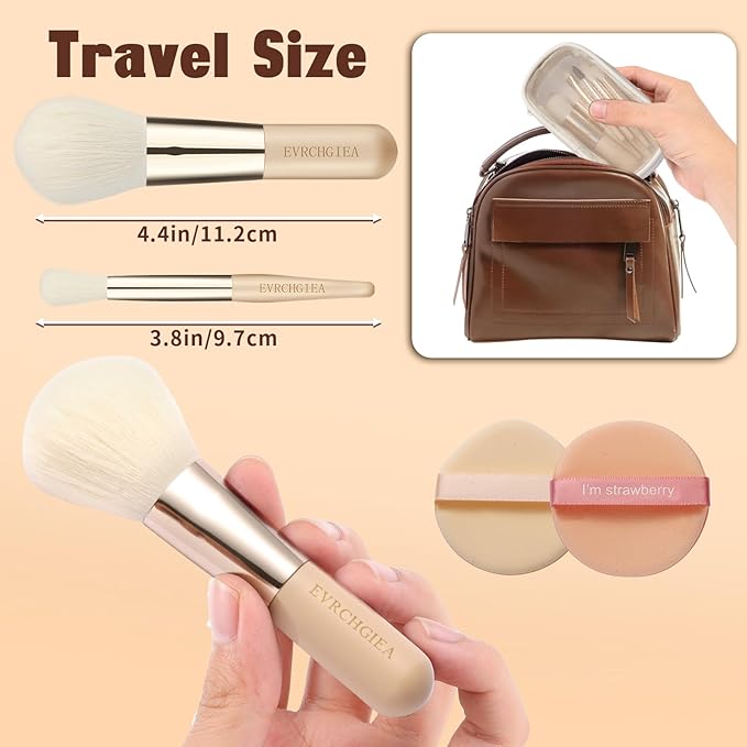 Travel Makeup Brush Set, 15 pcs Mini Makeup Brushes and 2 Puff for Foundation, Powder, Eyeshadow, Highlight, Contour, Blush & Concealer, Small Makeup Brush Set Purse Size with Case (skin tone)