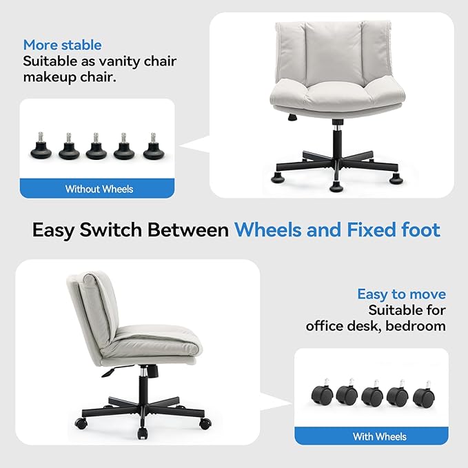 LEAGOO Criss Cross Chair with Wheels, Comfy Armless Desk Chairs with Tech Fabric, Wide Seat Cross Legged Office Chair, Height Adjustable Swivel Computer Task Chairs for Home Office, Bedroom, Make up