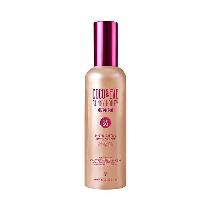 Coco & Eve Body Highlighter SPF 50 – Shimmer Sunscreen, Broad Spectrum Sun Protection, Lightweight Serum-Like Lotion with Pearlescent Minerals & Vitamin E for Hydrated & Glowing Skin, 5.07 Fl Oz