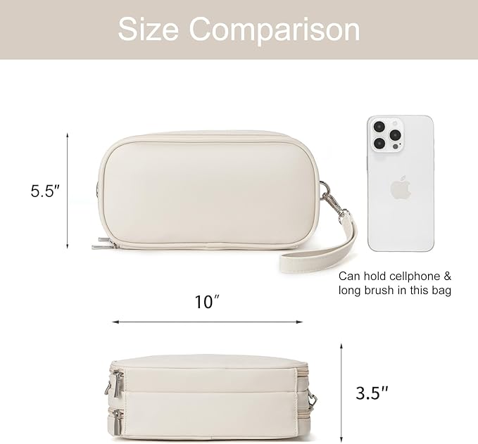 Makeup Bag for Women, Wide-open Makeup Organizer with Makeup Brush Holder, Waterproof Cosmetic Bag with Compartment, Portable Travel-Size Toiletry Bag for Traveling, Large Make Up Bag (White)