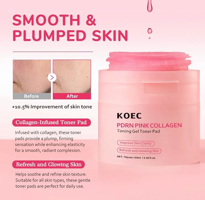 KOEC PDRN Pink Collagen Toning Gel Toner Pads, 70 Count, Hydrating Facial Treatment for Smooth Plumped Skin with Improved Clarity, 3.38 fl.oz