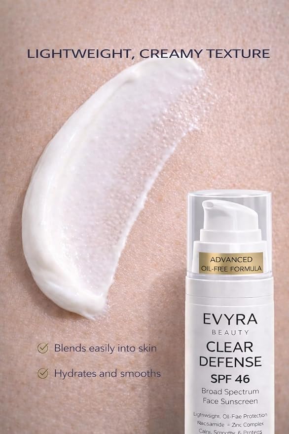 EVYRA Clear Defense SPF 46 Sunscreen Lotion for Face Broad Spectrum UV Protection, Niacinamide + Zinc PCA Oil Control, Lightweight Non-Greasy, No White Cast, Water-Resistant, For Oily/Acne-Prone Skin