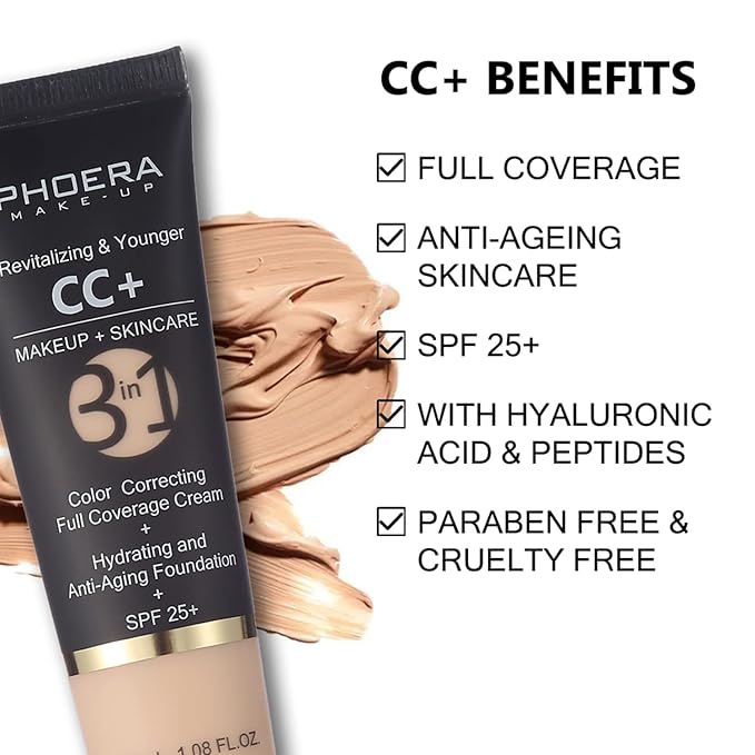 PHOERA CC+ Cream,Full Coverage Foundation，Color Correcting Cream,Anti Aging Hydrating Serum & SPF 25+ Sunscreen - Natural Finish - 1.08 fl oz (120 Nude)