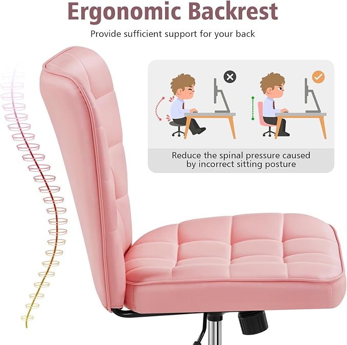 Yaheetech ModernTufted Armless Desk Office Chair Faux Leather Upholstered Computer Chair with Adjustable Seat Height and Rolling Wheels for Home/Office, Pink