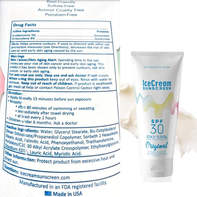 IceCream Sunscreen, Body & Face Lotion Sunblock SPF 30 Moisturizer, Water & Sweat-Resistant, Reef-Friendly & Cruelty-Free, 6oz (177ml) - Original & Vanilla Scent (Pack of 2)