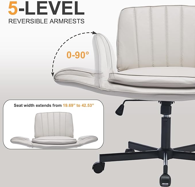 PU Leather Criss Cross Office Chair with Armrests & Wheels, 5-Gear Flip Up Arms Comfy Desk Chair for Women, Height Tilt Adjustable Swivel Chair for Home Office, Make Up, Bed Room and Living Room