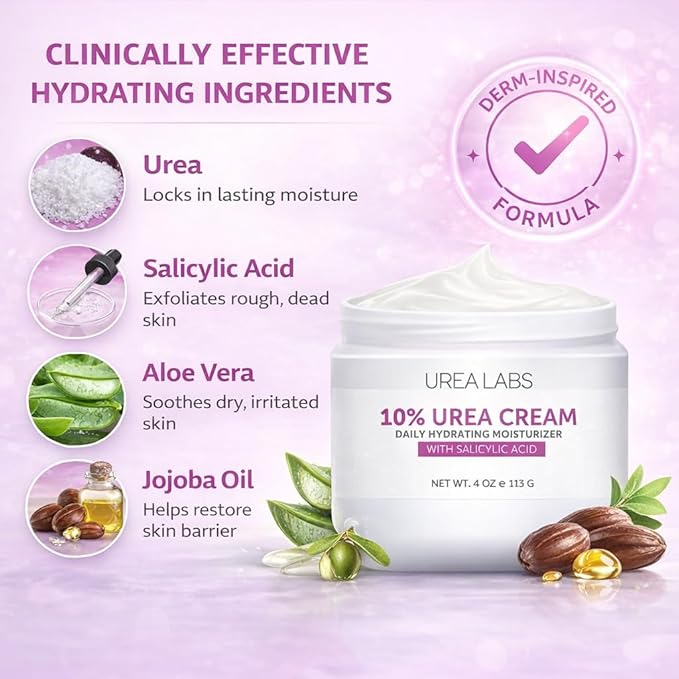 10% Urea Cream with Aloe Vera, Jojoba Oil and Salicylic Acid - 150ml Hydrating Moisturizer for Dry, Chapped Hands, Feet, Face & Body - Repairs, Soothes & Nourishes Rough, Dry Skin - 4 Oz