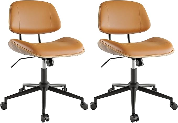 Armless Office Chair with Wheels, PU Leather Adjustable Height Desk Chair, 360° Swivel Ergonomic Computer Chair for Small Space, Modern Walnut Style, Home Office & Meeting Room, Brown