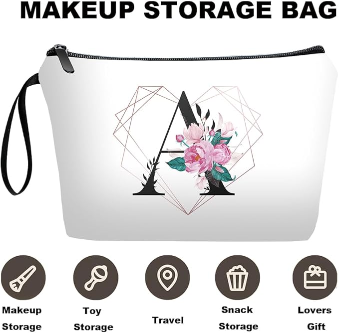 Personalized Initial A floral Makeup Bag set with Mirror for Women,White Ietter Bride Bridesmaid travel Cosmetic bag kit with10 pieces pink brush set,Initial Gifts for Girls Mom femal Friends