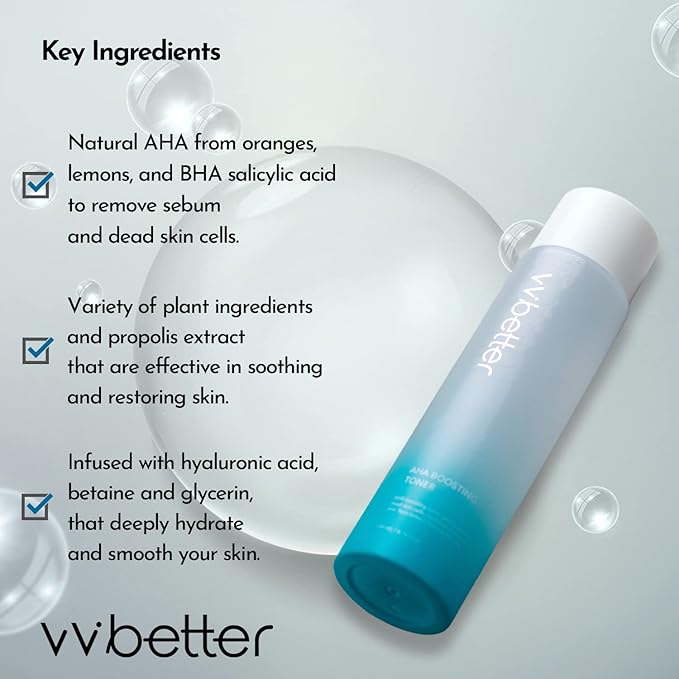 Facial AHA BHA Toner, Mild Exfoliation, Hydration and Soothing, Korean Toner, Smooth Skin, Alcohol-Free - 6.76 Fl.Ounce
