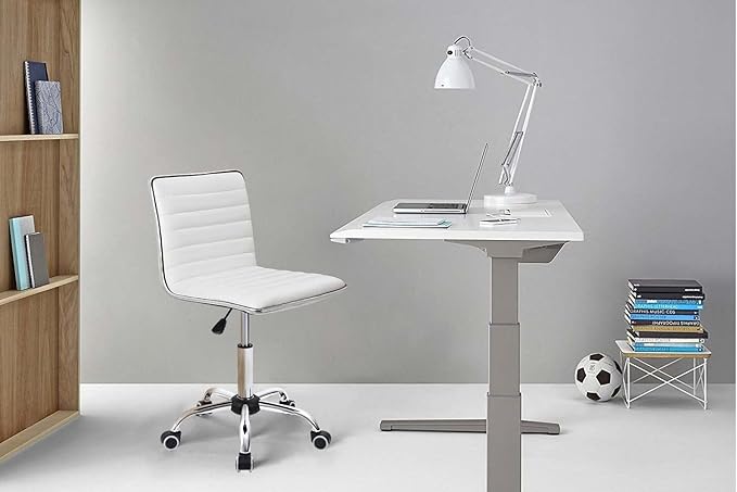 Furmax Vanity Office Desk Chair with Wheels, Armless Small Cute Leather Makeup Computer Task Chair Adjustable Height 360° Swivel (White)