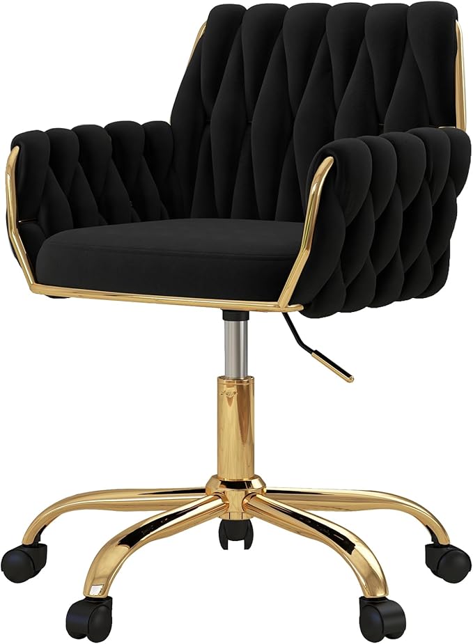 Woven 360°Swivel Desk Chair, Velvet Height Adjustable Home Office Armchair with Golden Base for Teens Women Girls, Upholstery Computer Chair for Home Studios and Office, Woven & Black