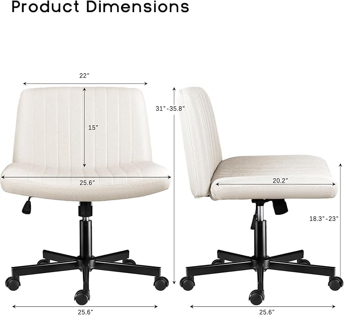 PUKAMI Criss Cross Chair,Comfy Cross Legged Office Desk Chair No Wheels,Modern Fabric Swivel Adjustable Height Mid Back Wide Seat for Home Office Computer (Beige with Wheels)
