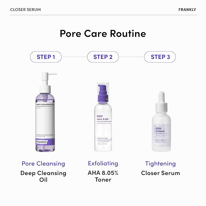 FRANKLY Ultimate Pore Care Set – Cleansing Oil, Closer Serum, AHA 8.05% Toner | BHA & LHA Cleanser + Peptide Serum | Vegan Korean Skin Care | Skincare Gifts