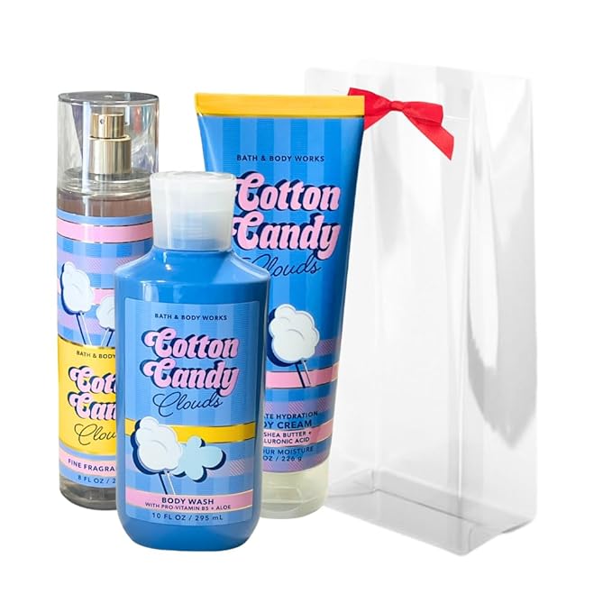 Bath & Body Works COTTON CANDY CLOUDS Fine Fragrance Mist, Ultimate Hydration Body Cream & Body Wash 3pc Gift Set with a Red Bow for Holidays – Full Size