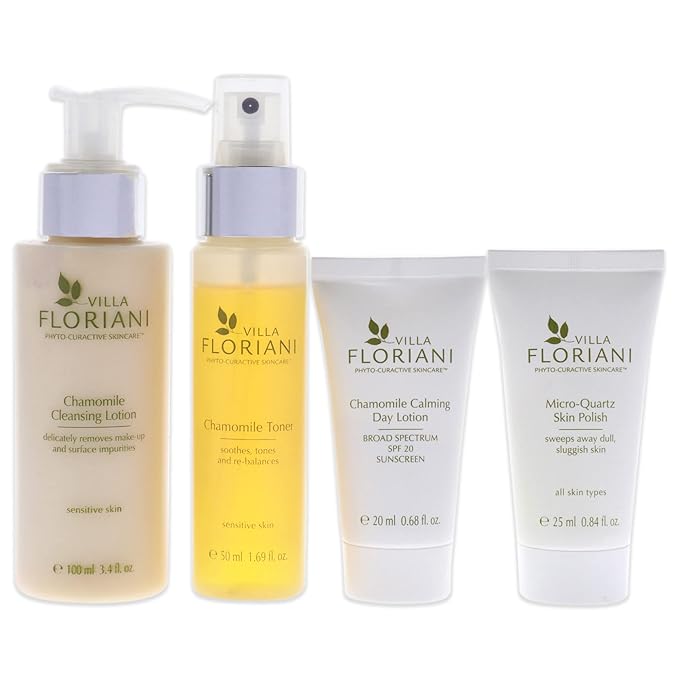 Villa Floriani Calming Skincare Travel Kit Women 3.4oz Chamomile Cleansing Lotion, 1.69oz Chamomile Toner, 0.68oz Chamomile Calming Day Lotion SPF 20 6 Pc