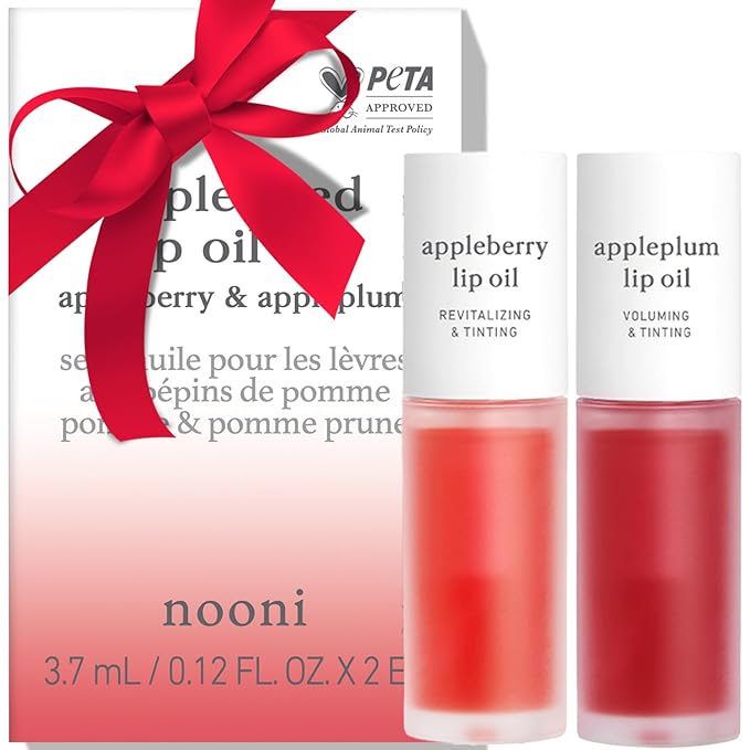 NOONI Vegan Appleseed Lip Oil Set - Appleberry & Appleplum | Long-Lasting, Moisturizing, Plumping, Revitalizing for Dry Lips, Waterproof, No Peel Off, Korean Tint, 0.12 FL Oz x 2ea