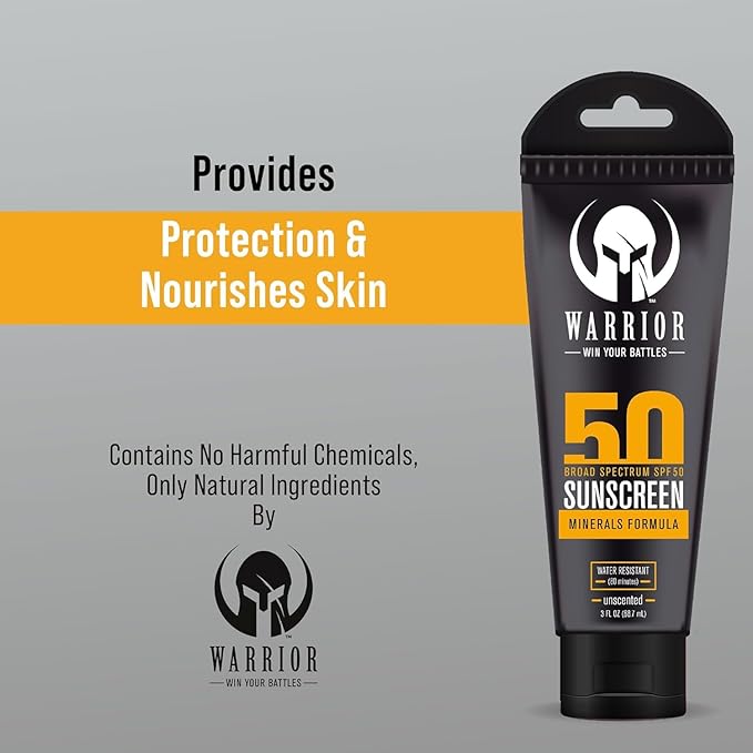 WARRIOR - WIN YOUR BATTLES- SPF 50 Sunscreen Lotion - 80 Minutes Water Resistant, Reef Safe, Unscented Lotion Non-Nao Zinc & Non-NanoTitanium Sunscreen with Mineral Formula - 3 Fl. Oz