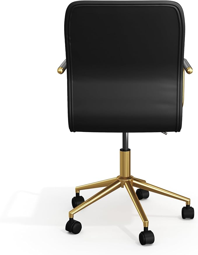 Martha Stewart Taytum Swivel Task Chair with Armrests for Home Office in Black Faux Leather with Polished Brass Frame