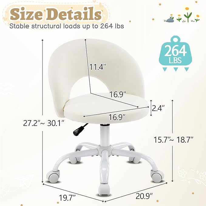 VINGLI Small Vanity Chair with Wheels for Girls.Cute Modern Adjustable Height Armless Office Desk Chair.360°Swivel Comfy Rolling Chair for Study, Make up Room,Small Space,Linen White