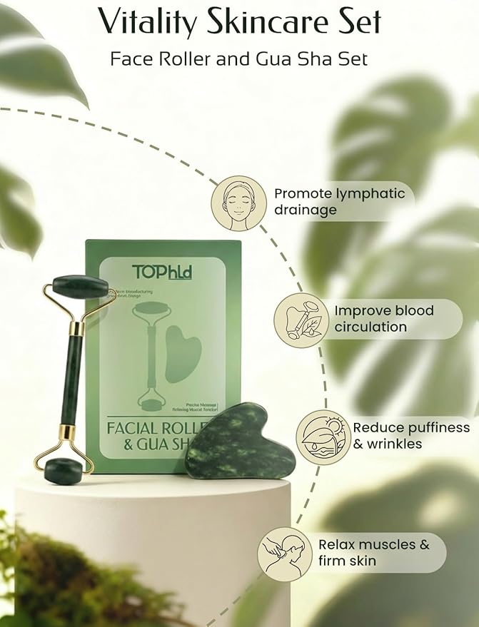 Face Roller & Gua Sha Facial Tools, Face Massager for Self Care, Jade Roller for face, Jawline Sculpting and Puffiness Reducing