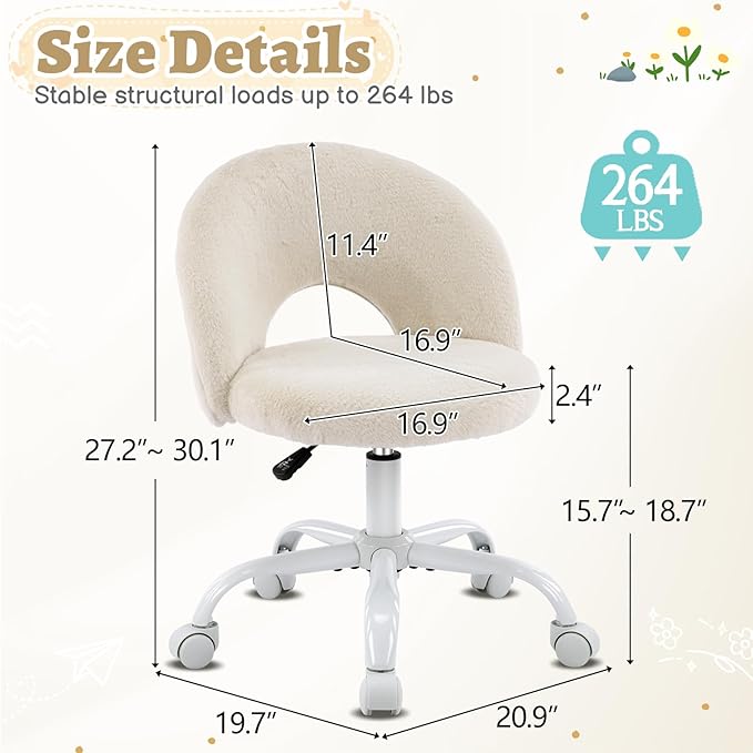 VINGLI Small Vanity Chair with Faux Fur Wheels for Girls,Cute Adjustable Height Armless Office Desk Chair,360°Swivel Comfy Rolling for Study,Make up Room,Small Space,Khaki