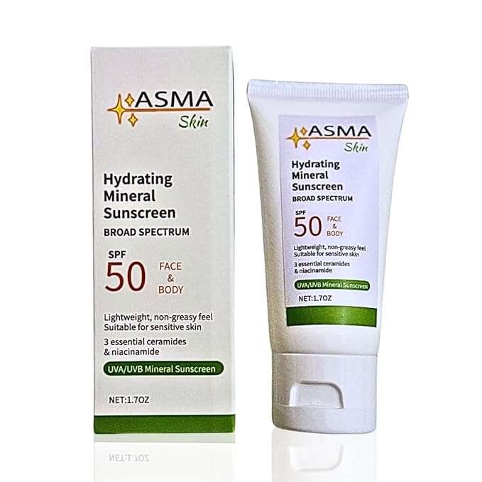 ASMA Hydrating Mineral Sunscreen SPF 50 with Face Moisturizer | Broad Spectrum UVA/UVB Protection | 9% Titanium Dioxide + 7% Zinc Oxide | Tinted Sunblock for All Ages & Skin Types